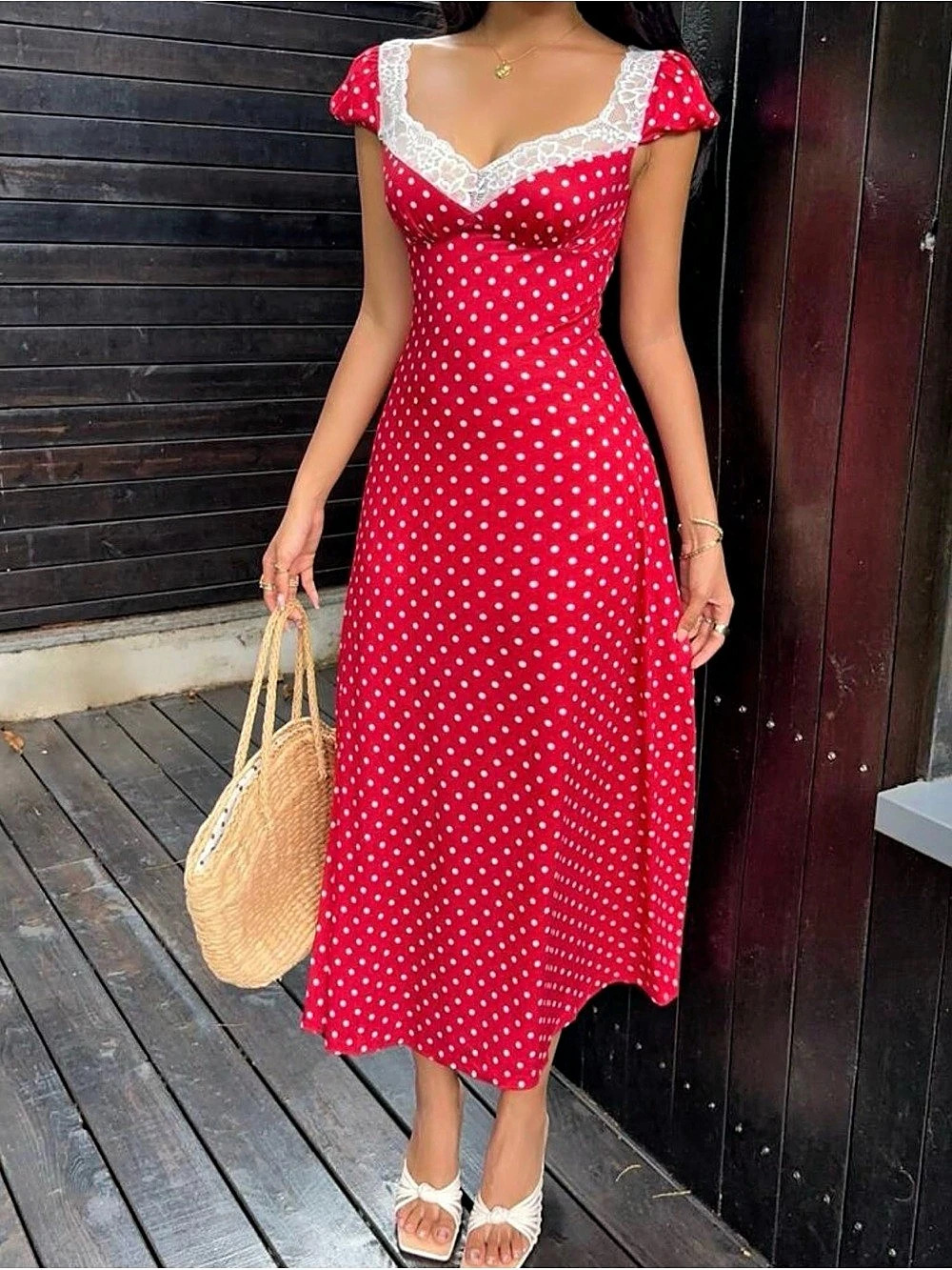 Sweetheart Neck Polka Dot Midi Dress in Red & White